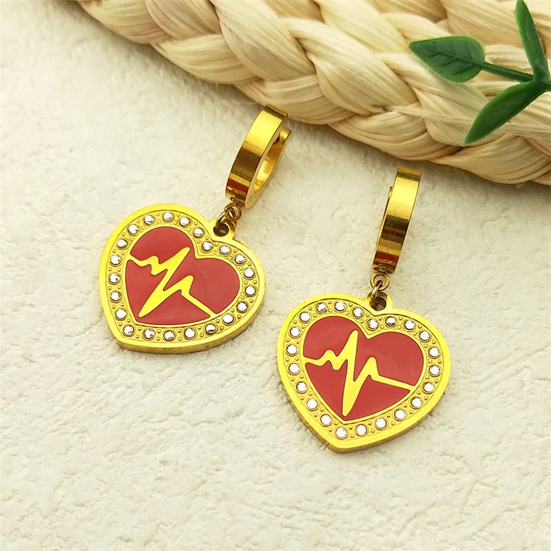 Trendy Double Love Heartbeat Heart Shape Earrings for Women Girls Enamel Stainless Steel Gold Color Gifts JewelryZZZ758-2