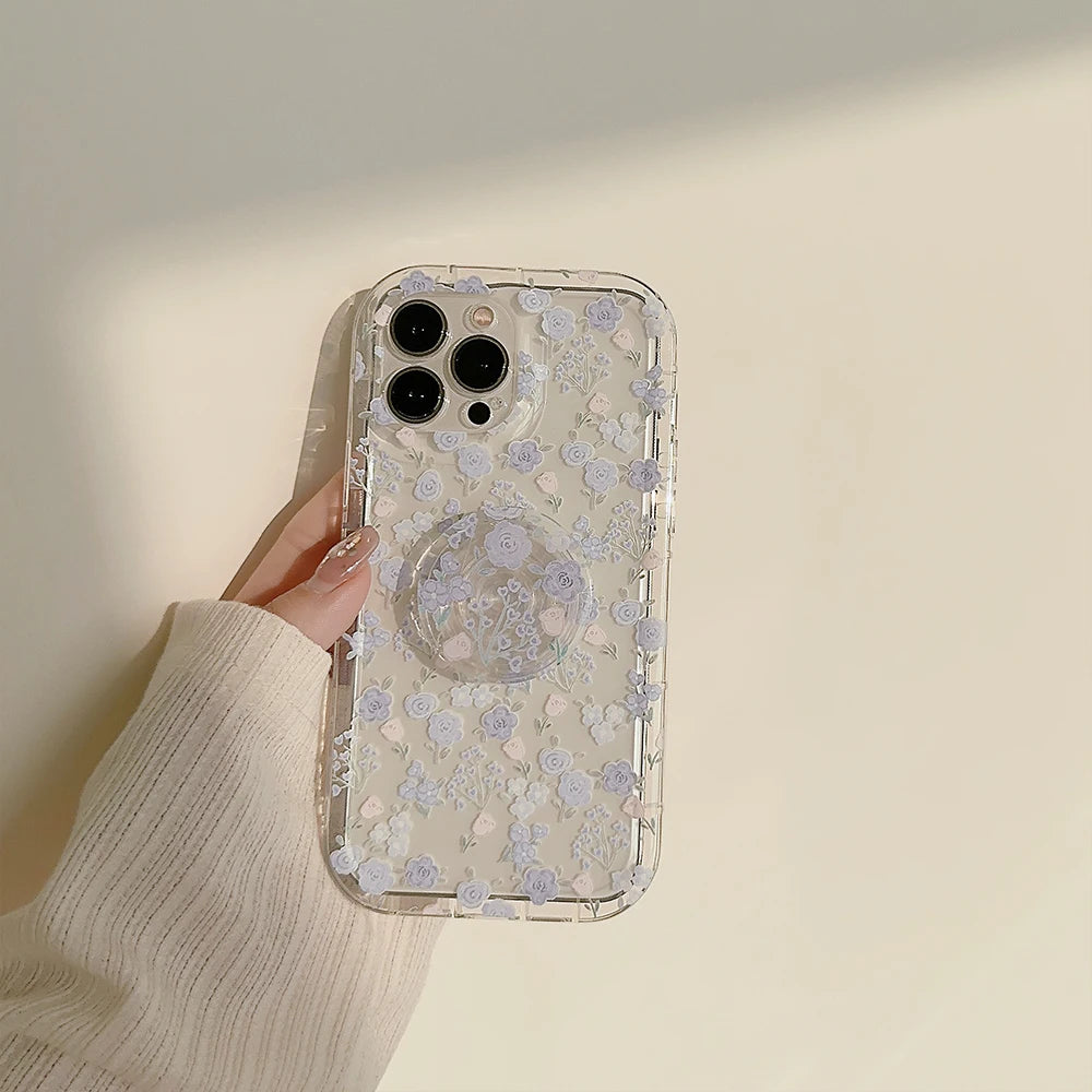 Transparent Flower Phone Case For iPhone 15 Pro Max 14 13 12 11 16 SE XR X XS 7 8 Plus Aesthetic Floral Cover Funda with Holder