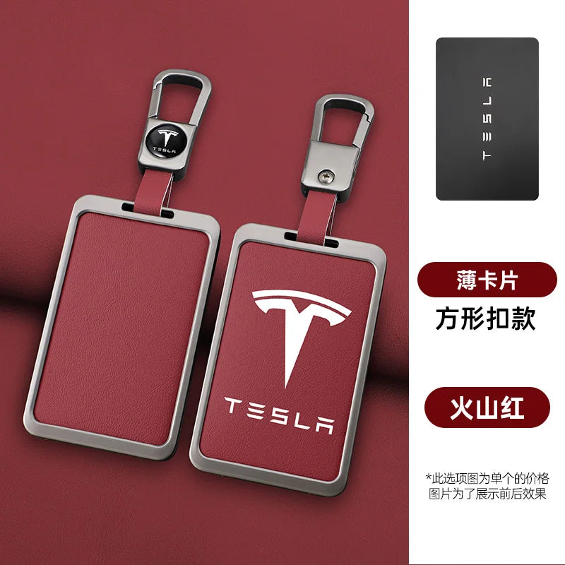 For Tesla Model 3 Y Card Case Keychain Protector Cover Holder Alloy Keychains Bag Leather Chain Prevent Loss Key Fob Metal Ring