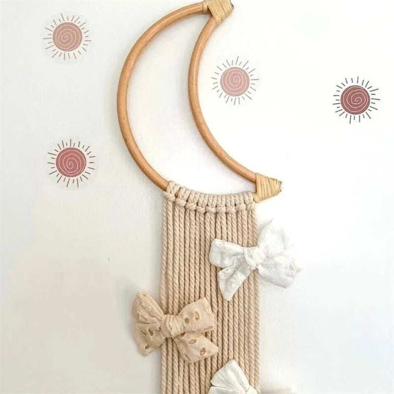 Nordic Rattan Moon Baby Hair Clip Holder Princess Girls Hairpins Hairband Storage Belt Pendant Jewelry Organizer Wall Decoration