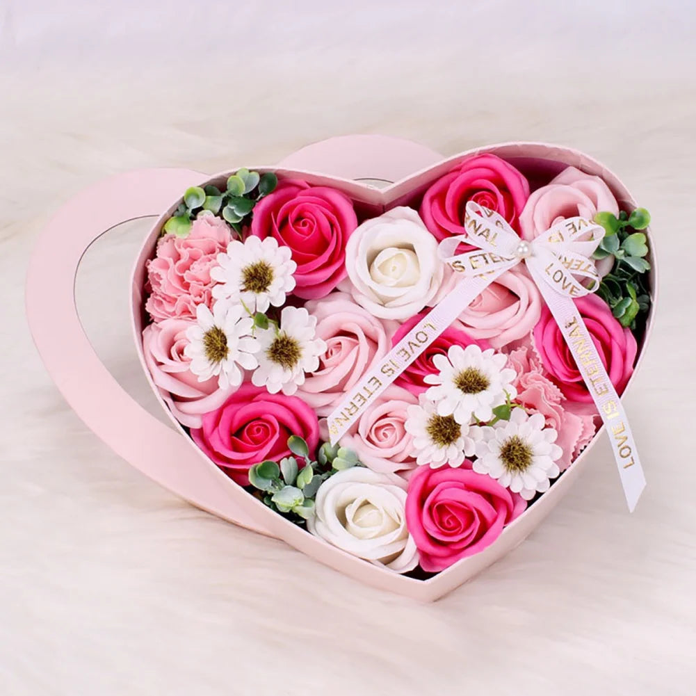 13Pcs Heart Shape Rose Gift Box Artificial Eternal Rose Bouquet Forever Red Rose Valentine Day Gift Christmas Birthday Wedding L