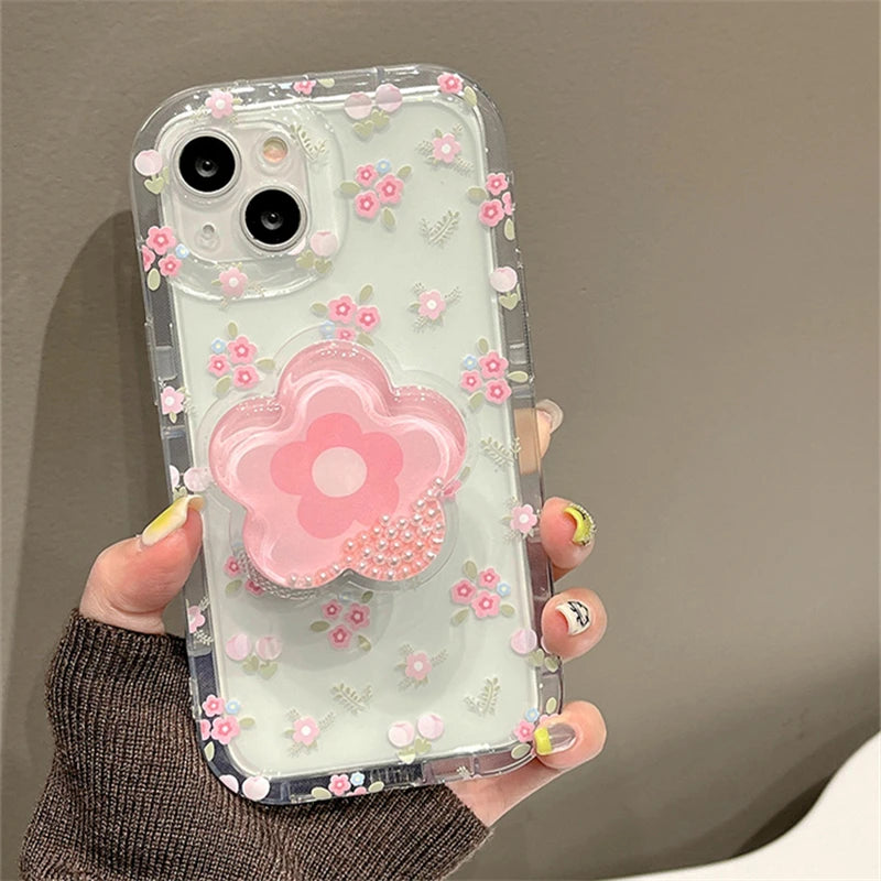 Cute Quicksand Pink Flower Holder Phone Case For iPhone 16 15 14 13 12 11 Pro Max XR X XS 7 8 Plus Stand Floral Clear Soft Cover