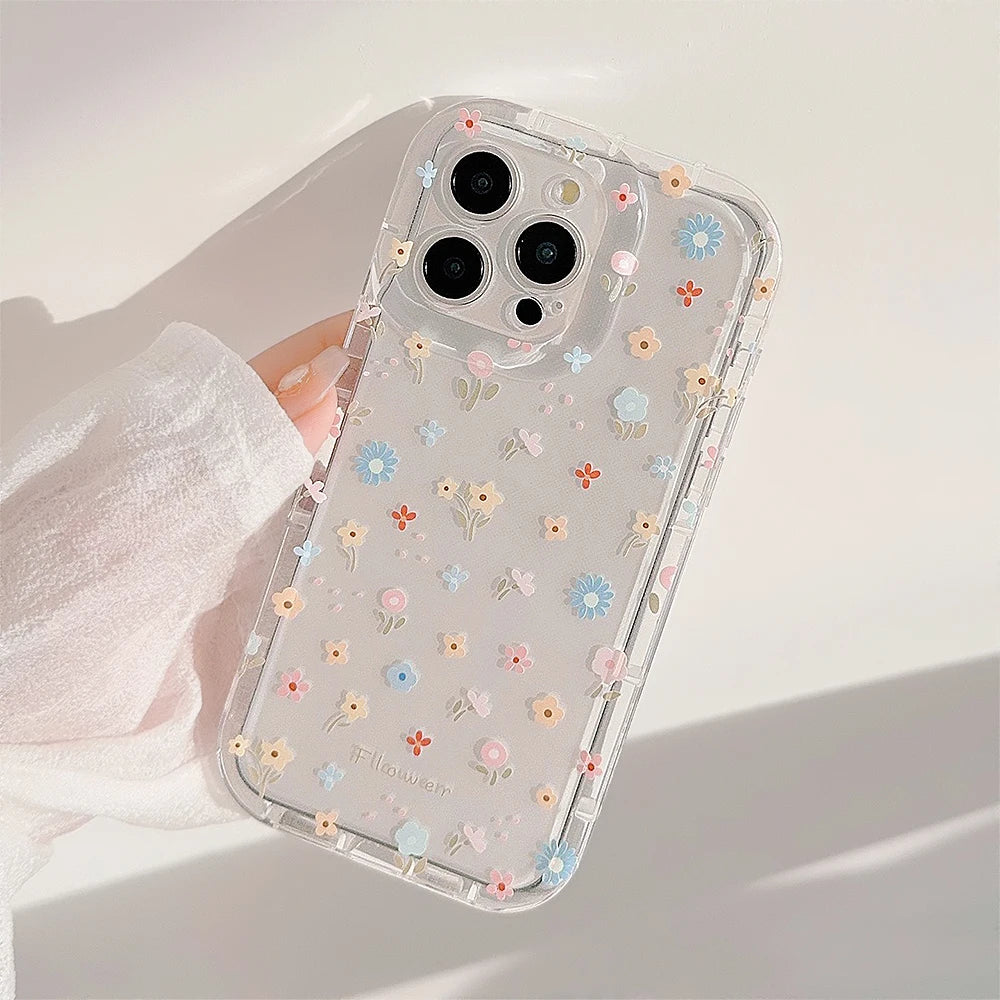 Cute Flower Holder Phone Case For iPhone 15 Pro Max 14 13 12 11 15 16 XR X XS 7 8 Plus Circular bracket Floral Clear Soft Cover