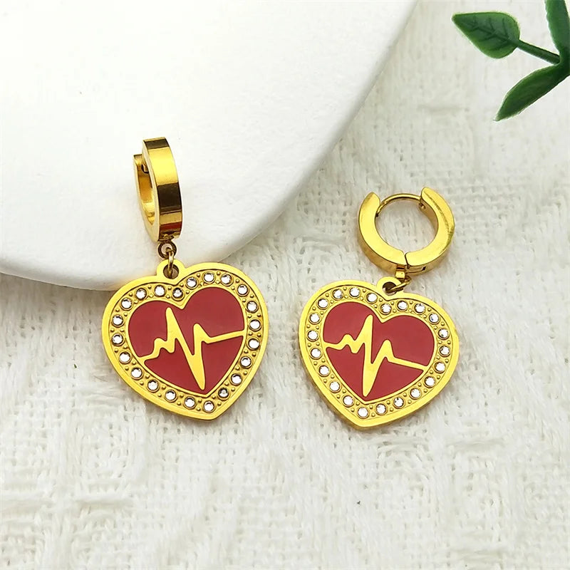 Trendy Double Love Heartbeat Heart Shape Earrings for Women Girls Enamel Stainless Steel Gold Color Gifts JewelryZZZ758-2