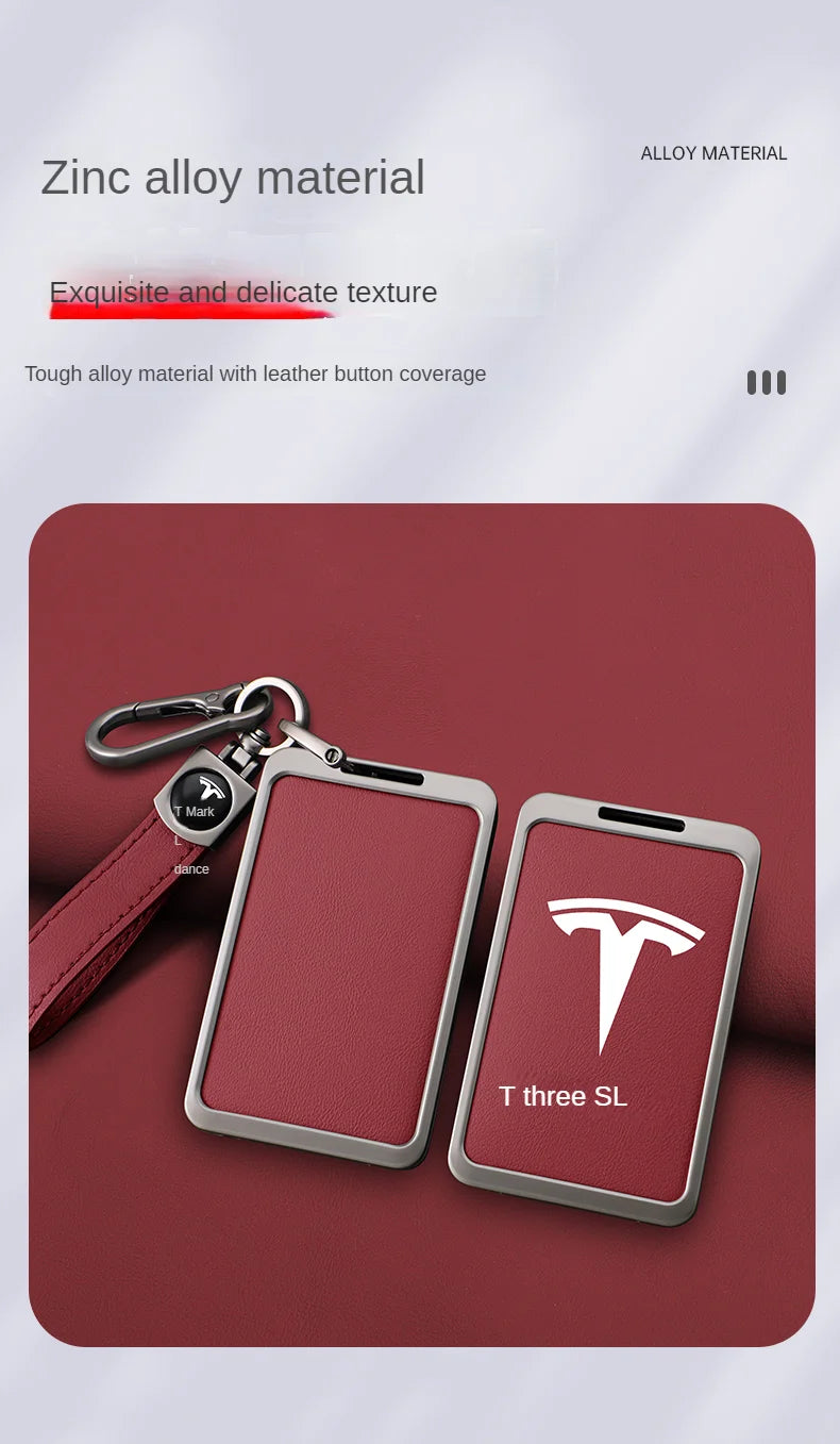 For Tesla Model 3 Y Card Case Keychain Protector Cover Holder Alloy Keychains Bag Leather Chain Prevent Loss Key Fob Metal Ring