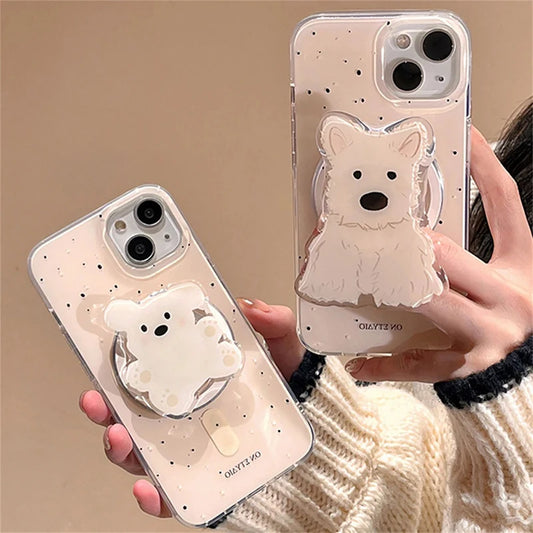 Korean Cute 3D Spring Dog Stand For Magsafe Wireless Charge Phone Case For iPhone 16 15 14 13 12 11 Pro Max 7 Plus X XR XS Cover