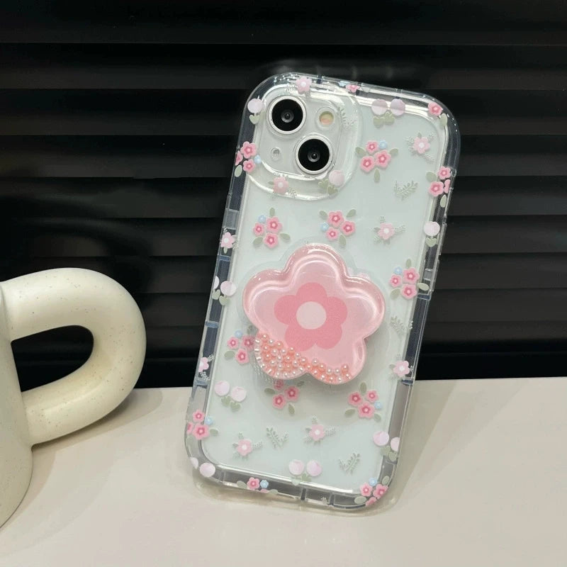 Cute Quicksand Pink Flower Holder Phone Case For iPhone 16 15 14 13 12 11 Pro Max XR X XS 7 8 Plus Stand Floral Clear Soft Cover