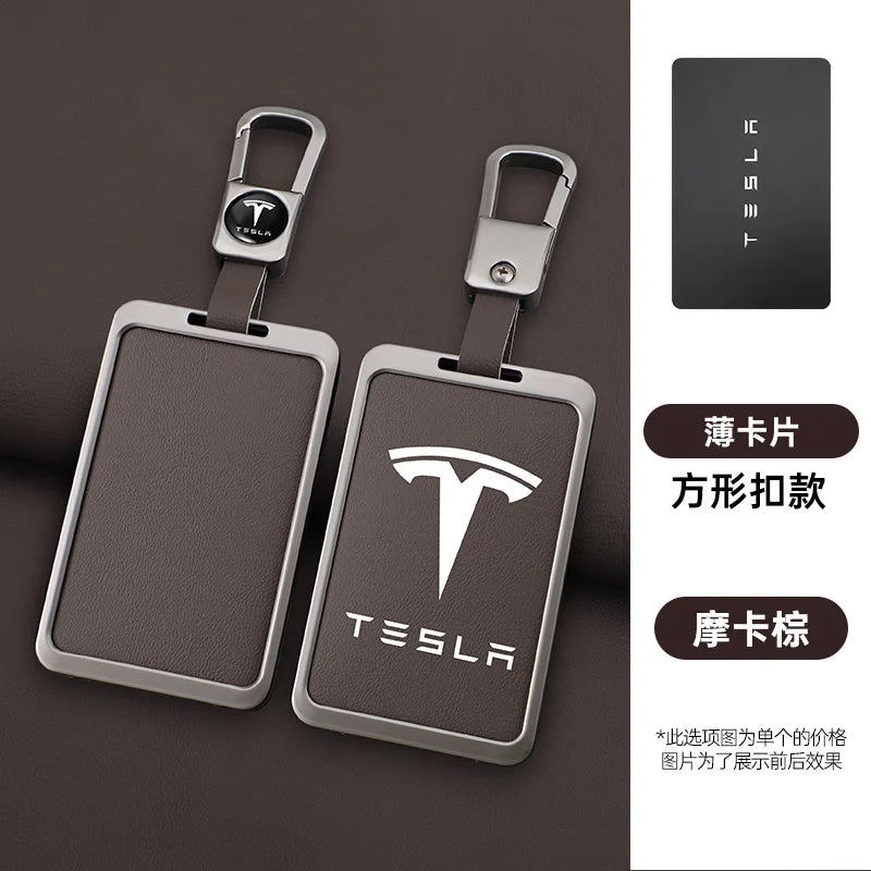 For Tesla Model 3 Y Card Case Keychain Protector Cover Holder Alloy Keychains Bag Leather Chain Prevent Loss Key Fob Metal Ring