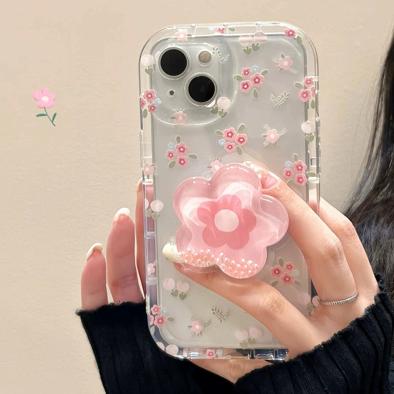 Cute Quicksand Pink Flower Holder Phone Case For iPhone 16 15 14 13 12 11 Pro Max XR X XS 7 8 Plus Stand Floral Clear Soft Cover