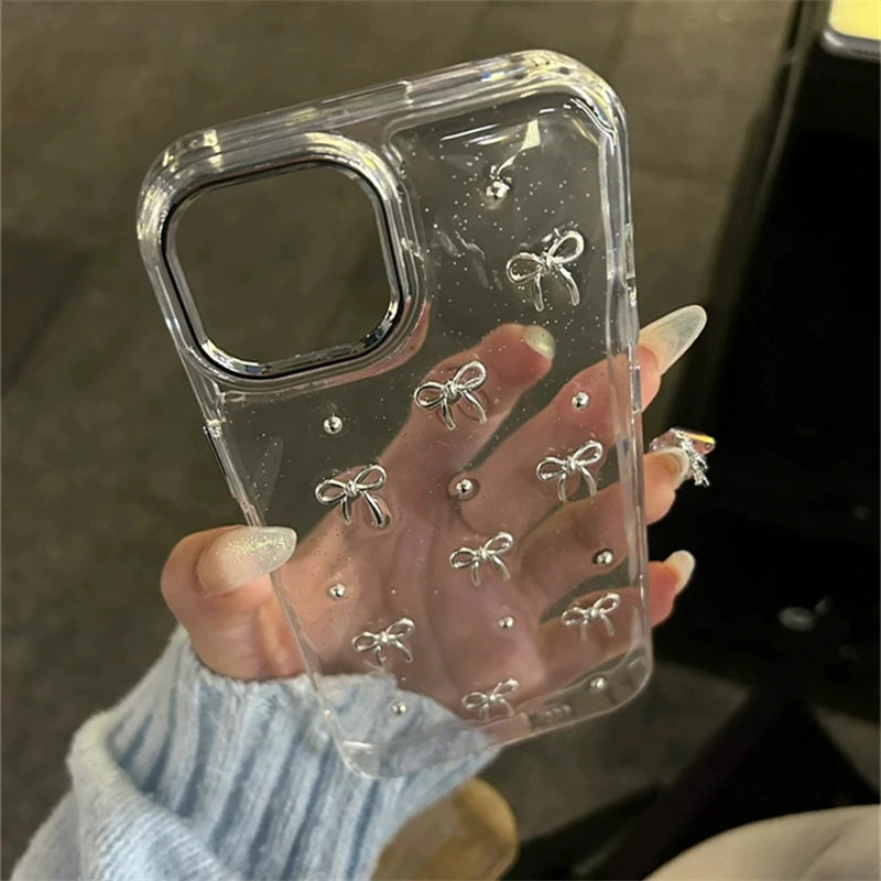 Korea Glitter 3D Silver Bow Bead Case For Samsung Galaxy S25 S24 Ultra S23 S22 Plus S21 FE A14 A15 A35 A55 A34 Epoxy Clear Cover