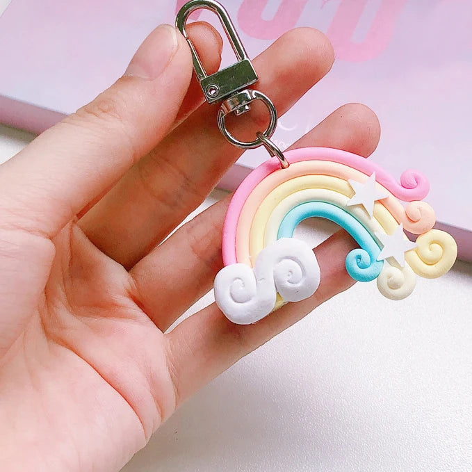 New Lovely Cute Rainbow Key Chain Leather Strap Braided Rope Tassel Keychain for Women Girl Bell Star Lollipop Bag Accessories