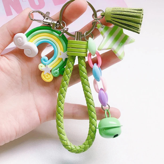 New Lovely Cute Rainbow Key Chain Leather Strap Braided Rope Tassel Keychain for Women Girl Bell Star Lollipop Bag Accessories