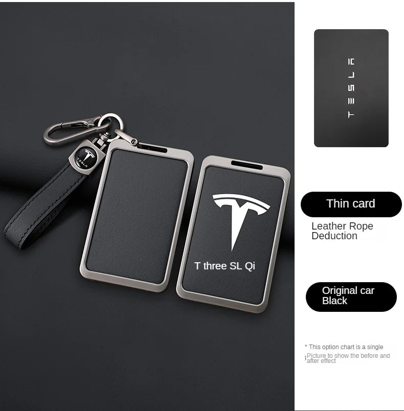 For Tesla Model 3 Y Card Case Keychain Protector Cover Holder Alloy Keychains Bag Leather Chain Prevent Loss Key Fob Metal Ring