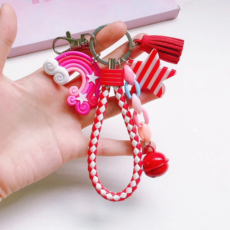 New Lovely Cute Rainbow Key Chain Leather Strap Braided Rope Tassel Keychain for Women Girl Bell Star Lollipop Bag Accessories