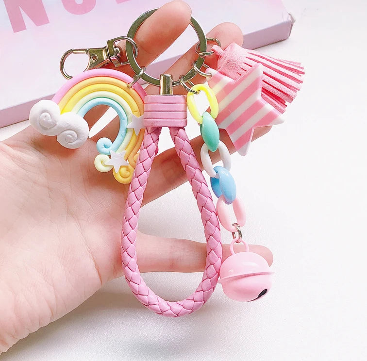 New Lovely Cute Rainbow Key Chain Leather Strap Braided Rope Tassel Keychain for Women Girl Bell Star Lollipop Bag Accessories