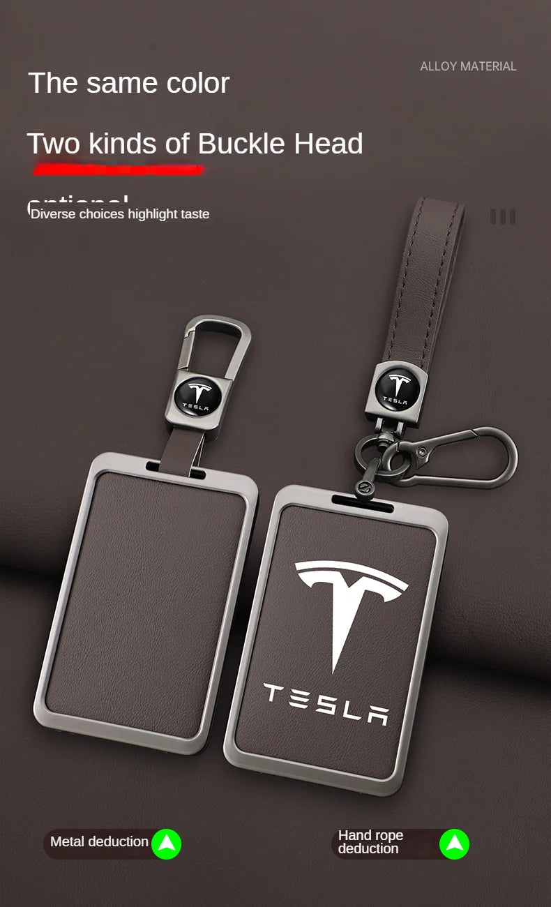 For Tesla Model 3 Y Card Case Keychain Protector Cover Holder Alloy Keychains Bag Leather Chain Prevent Loss Key Fob Metal Ring