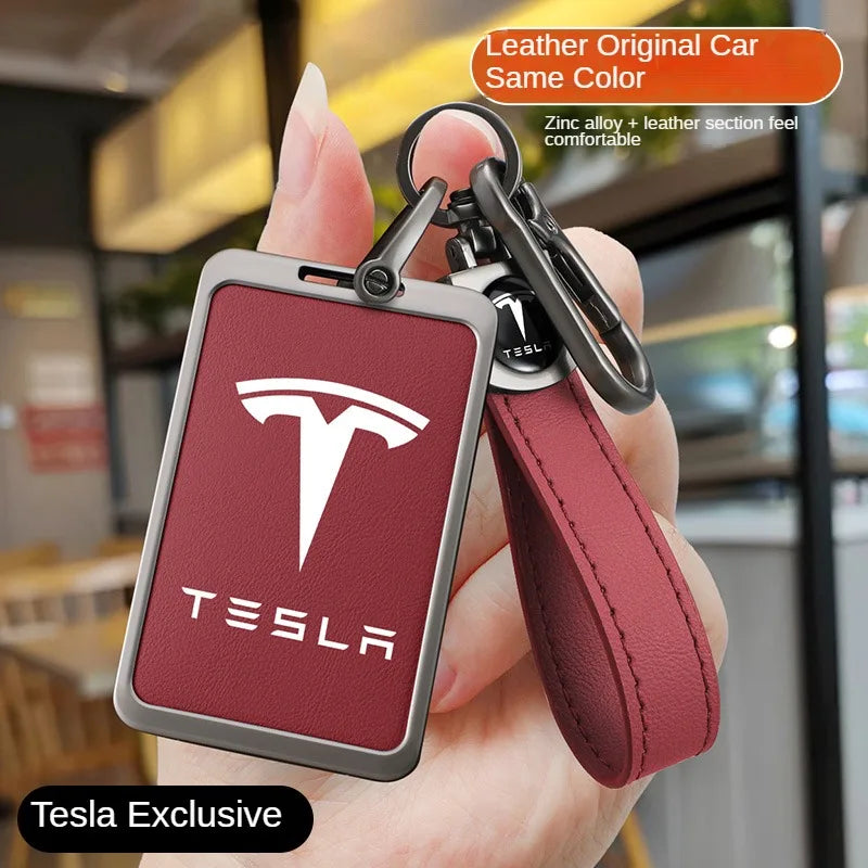 For Tesla Model 3 Y Card Case Keychain Protector Cover Holder Alloy Keychains Bag Leather Chain Prevent Loss Key Fob Metal Ring