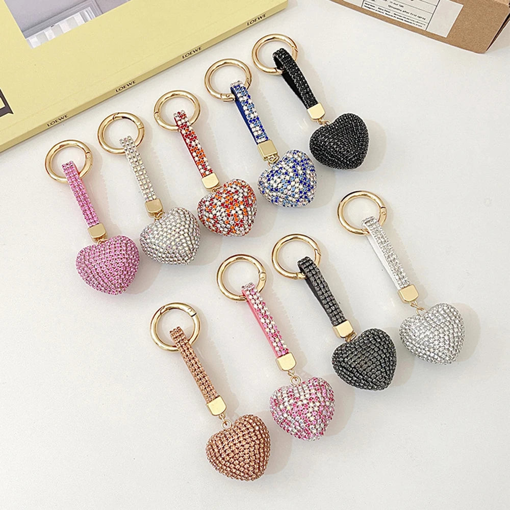 Light Luxury Multi-color Love Heart Keychain Full Rhinestone Alloy Key Rings Women Handbag Pendant Creative Key Chains Gift