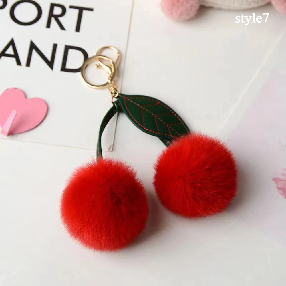 Cute Cherry Plush Toy Keychain New Kawaii Fluffy Cartoon Keychain Kid Gift Women's Bag Charm Pendant Backpack Car Key Accessory