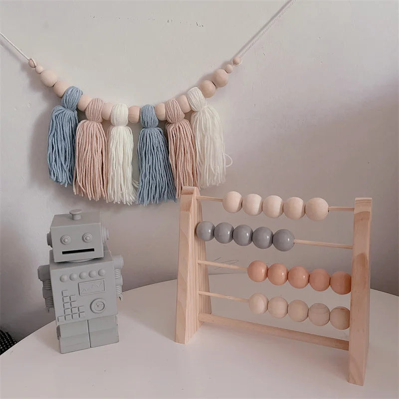 Natural Wooden Abacus With Beads Kids Room Desktop Decor Baby Early Learning Educational Toys Girl Boy Room Craft Ornament Gifts