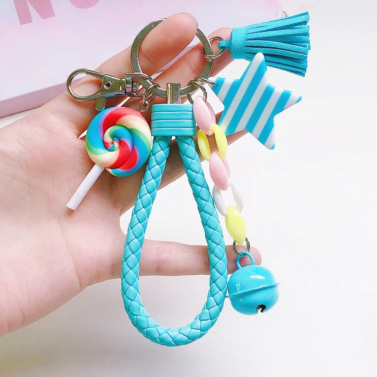 New Lovely Cute Rainbow Key Chain Leather Strap Braided Rope Tassel Keychain for Women Girl Bell Star Lollipop Bag Accessories