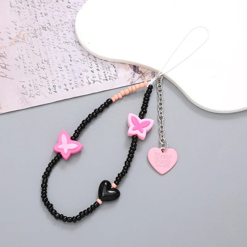 Korea Charm Love Heart Bowknot Phone Strap Charm Chain Knot Cellphone Lanyard Keychain Woman Girl Bag Camera Pendant For Case