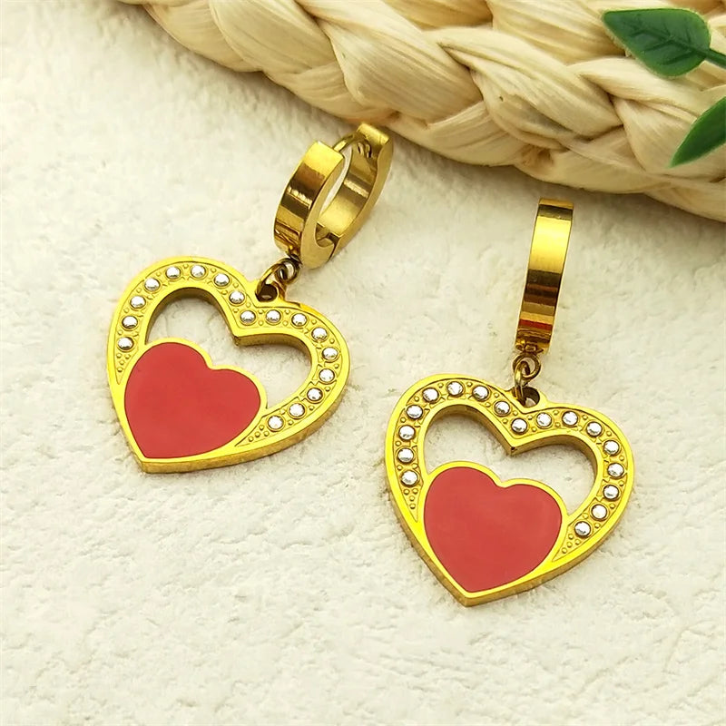 Trendy Double Love Heartbeat Heart Shape Earrings for Women Girls Enamel Stainless Steel Gold Color Gifts JewelryZZZ758-2