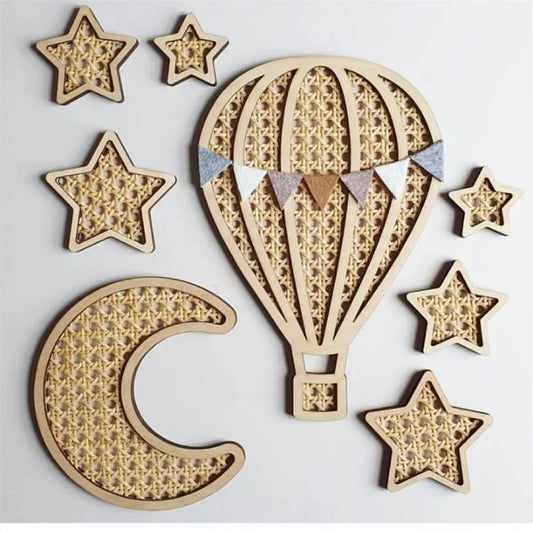 Wooden Handmade Rattan Rainbow Hot Air Balloon Moon Star Wall Decor Wood Crafts For Kids Room Wall Stickers Ornament Photo Props