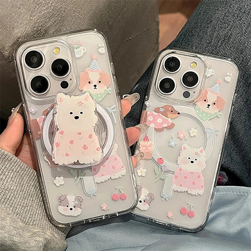 Cute Dog Flower Magsafe Case For iPhone 16 Pro Max 15 11 12 13 14 Pro XS Max X XR 7 8 Plus Magnetic Stand Holder PC Clear Cover