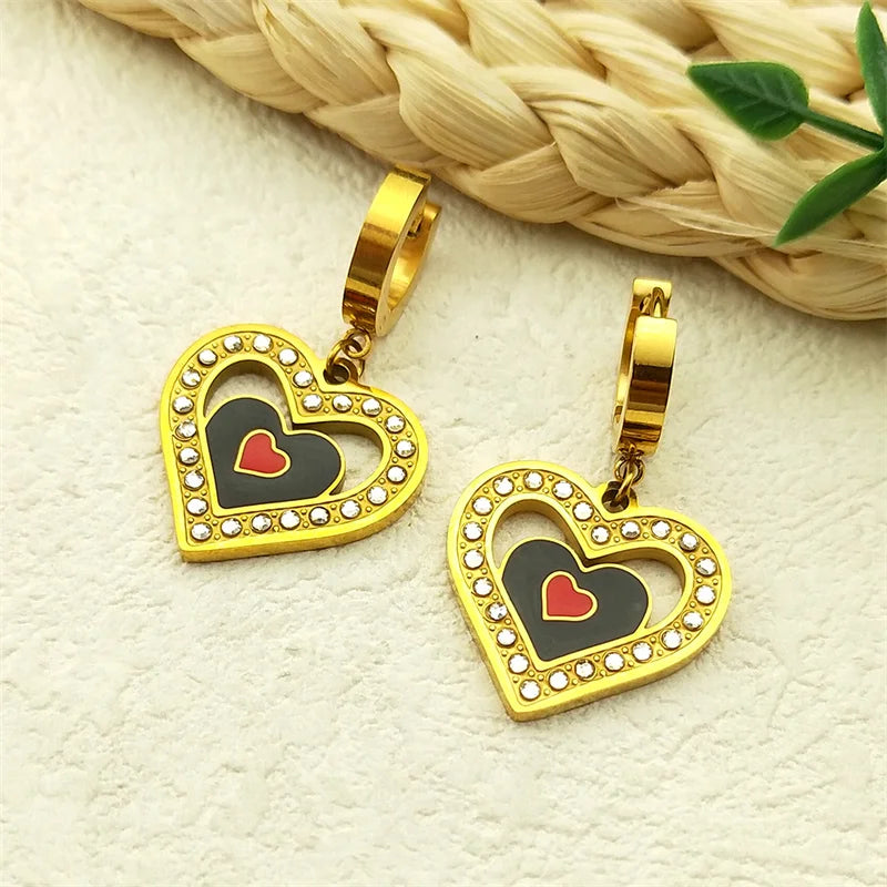 Trendy Double Love Heartbeat Heart Shape Earrings for Women Girls Enamel Stainless Steel Gold Color Gifts JewelryZZZ758-2