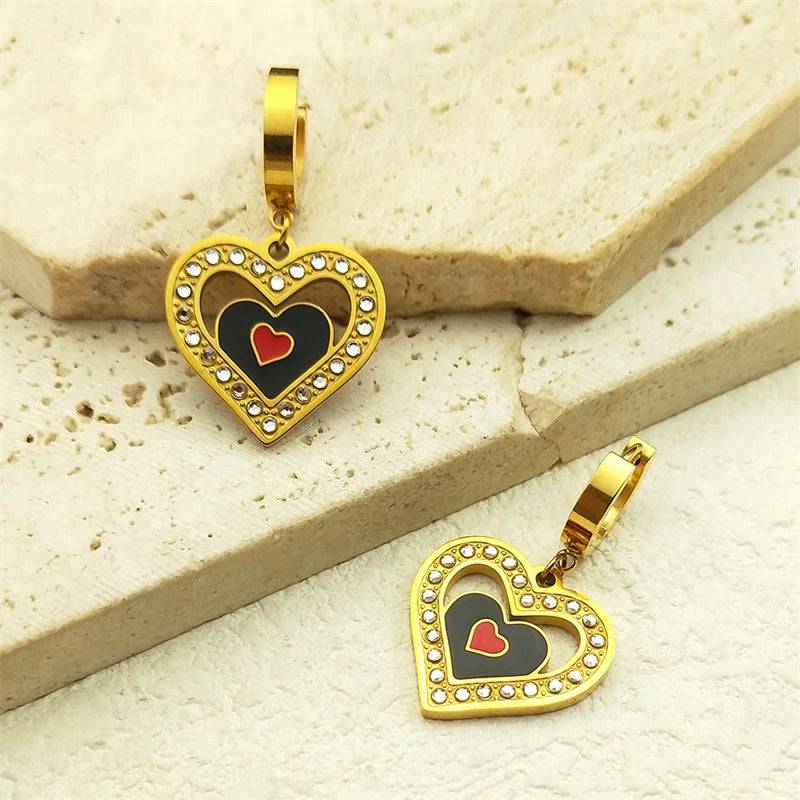 Trendy Double Love Heartbeat Heart Shape Earrings for Women Girls Enamel Stainless Steel Gold Color Gifts JewelryZZZ758-2