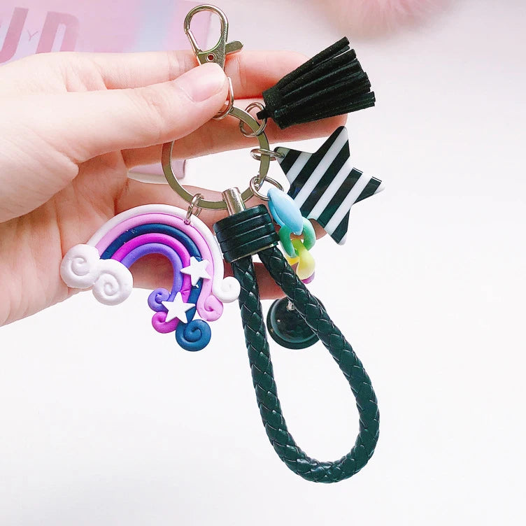 New Lovely Cute Rainbow Key Chain Leather Strap Braided Rope Tassel Keychain for Women Girl Bell Star Lollipop Bag Accessories