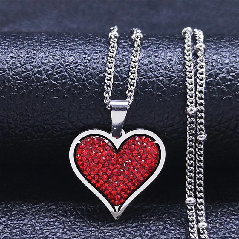 Fashion Love Red Heart Stainless Steel Crystal Charm Necklace Gold Color Small Necklaces Jewelry collier coeur rouge N8047S01