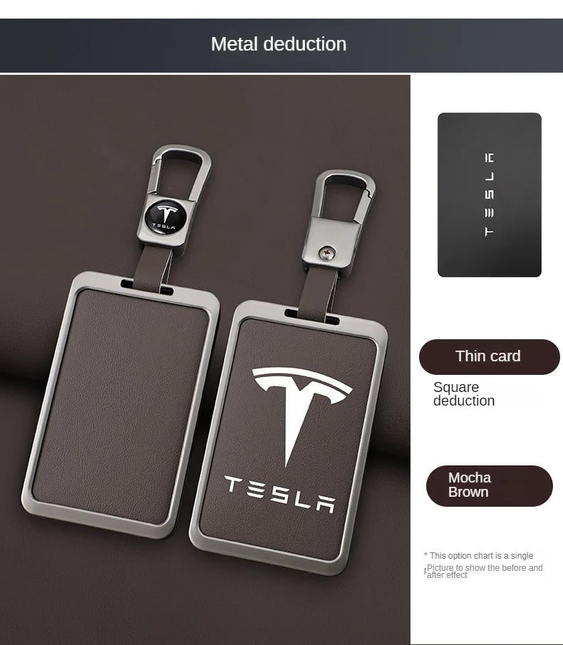 For Tesla Model 3 Y Card Case Keychain Protector Cover Holder Alloy Keychains Bag Leather Chain Prevent Loss Key Fob Metal Ring