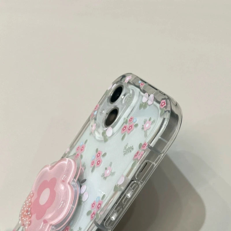 Cute Quicksand Pink Flower Holder Phone Case For iPhone 16 15 14 13 12 11 Pro Max XR X XS 7 8 Plus Stand Floral Clear Soft Cover