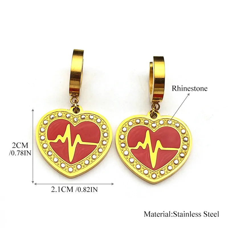 Trendy Double Love Heartbeat Heart Shape Earrings for Women Girls Enamel Stainless Steel Gold Color Gifts JewelryZZZ758-2