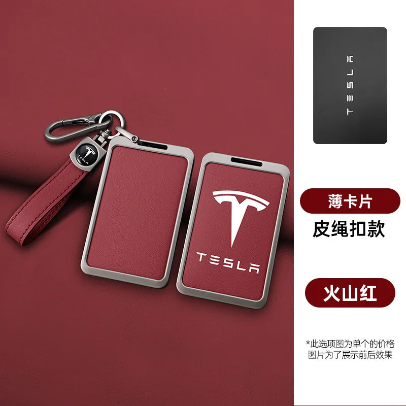 For Tesla Model 3 Y Card Case Keychain Protector Cover Holder Alloy Keychains Bag Leather Chain Prevent Loss Key Fob Metal Ring