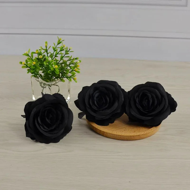 5pcs 8-9cm Silk Black Rose Artificial Flower Head Bouquet Home Living Room Wedding Chritmas Decoration New Year Decoration