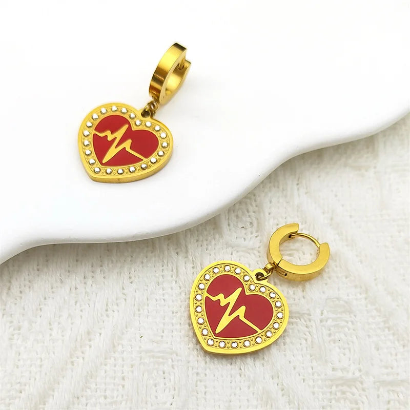 Trendy Double Love Heartbeat Heart Shape Earrings for Women Girls Enamel Stainless Steel Gold Color Gifts JewelryZZZ758-2