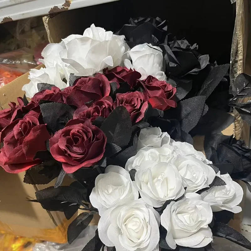 5pcs 8-9cm Silk Black Rose Artificial Flower Head Bouquet Home Living Room Wedding Chritmas Decoration New Year Decoration