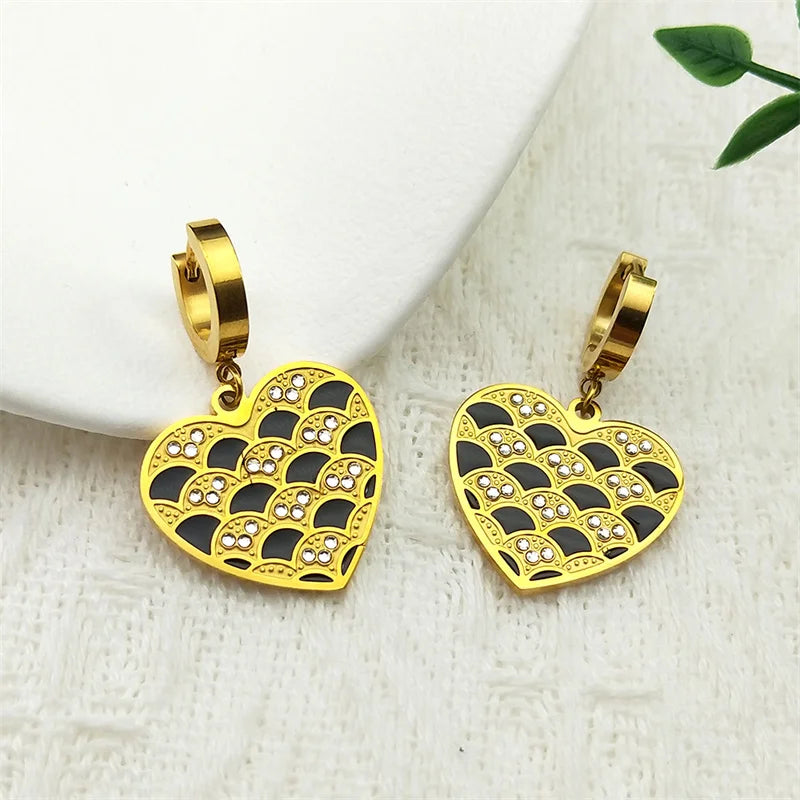 Trendy Double Love Heartbeat Heart Shape Earrings for Women Girls Enamel Stainless Steel Gold Color Gifts JewelryZZZ758-2