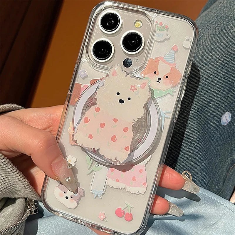 Cute Dog Flower Magsafe Case For iPhone 16 Pro Max 15 11 12 13 14 Pro XS Max X XR 7 8 Plus Magnetic Stand Holder PC Clear Cover