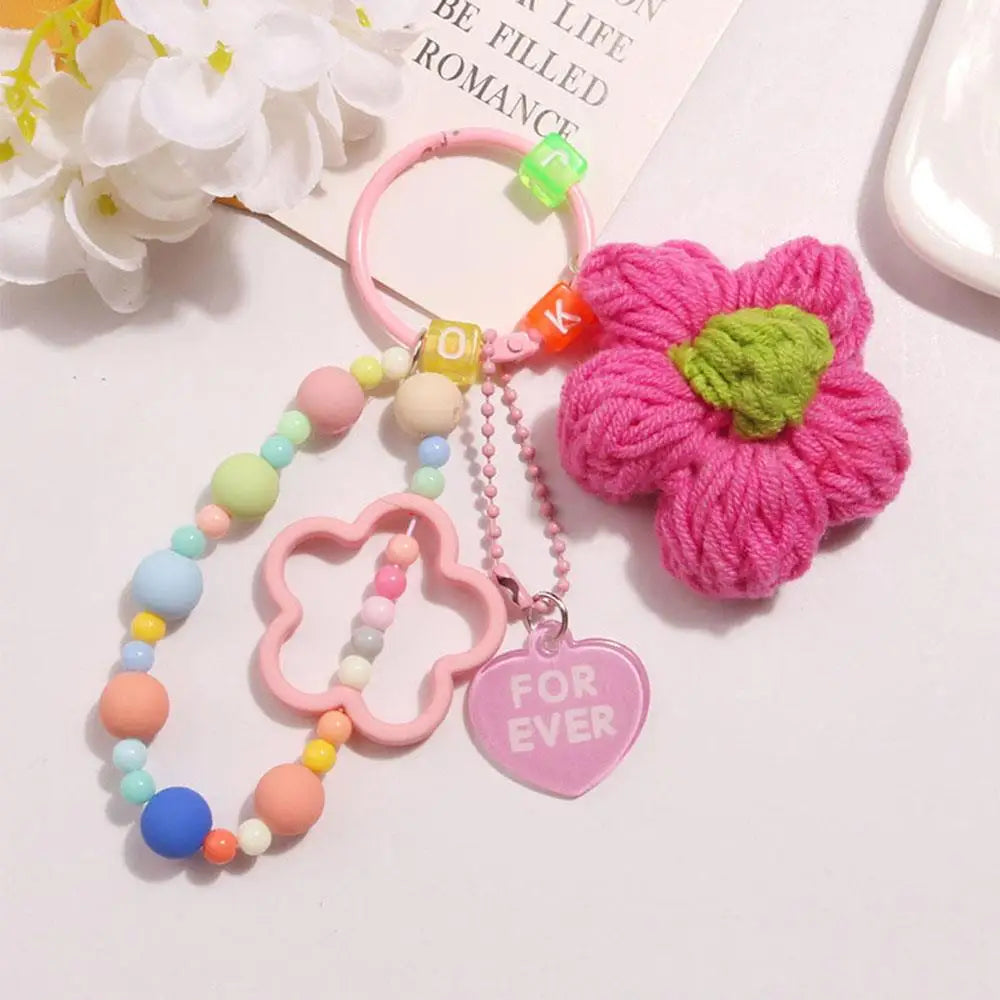 Cartoon Wool Knitted Flowers Key Chains Beaded Wristlet Lanyard Bracelet Keyring For Women Girl Bag Pendant Charms Keychain Gift