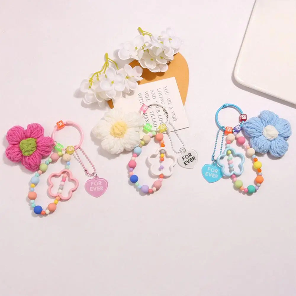 Cartoon Wool Knitted Flowers Key Chains Beaded Wristlet Lanyard Bracelet Keyring For Women Girl Bag Pendant Charms Keychain Gift