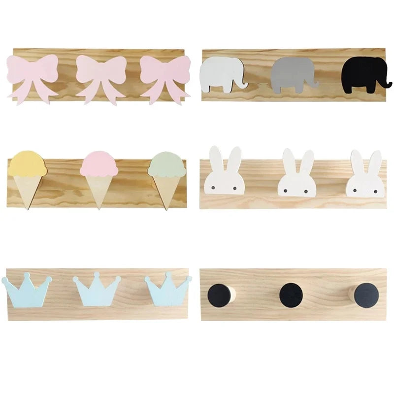 Nordic Wall Mounted Hooks Girls Boys Bedroom Decoration Pink Bow Crown Animal Coat Rack Hat Holder Nursery Wall Decor Organizer