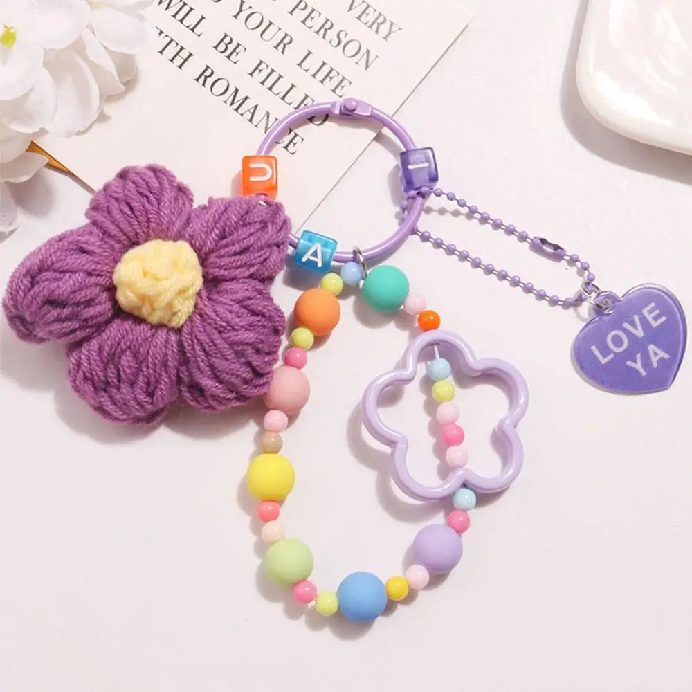 Cartoon Wool Knitted Flowers Key Chains Beaded Wristlet Lanyard Bracelet Keyring For Women Girl Bag Pendant Charms Keychain Gift