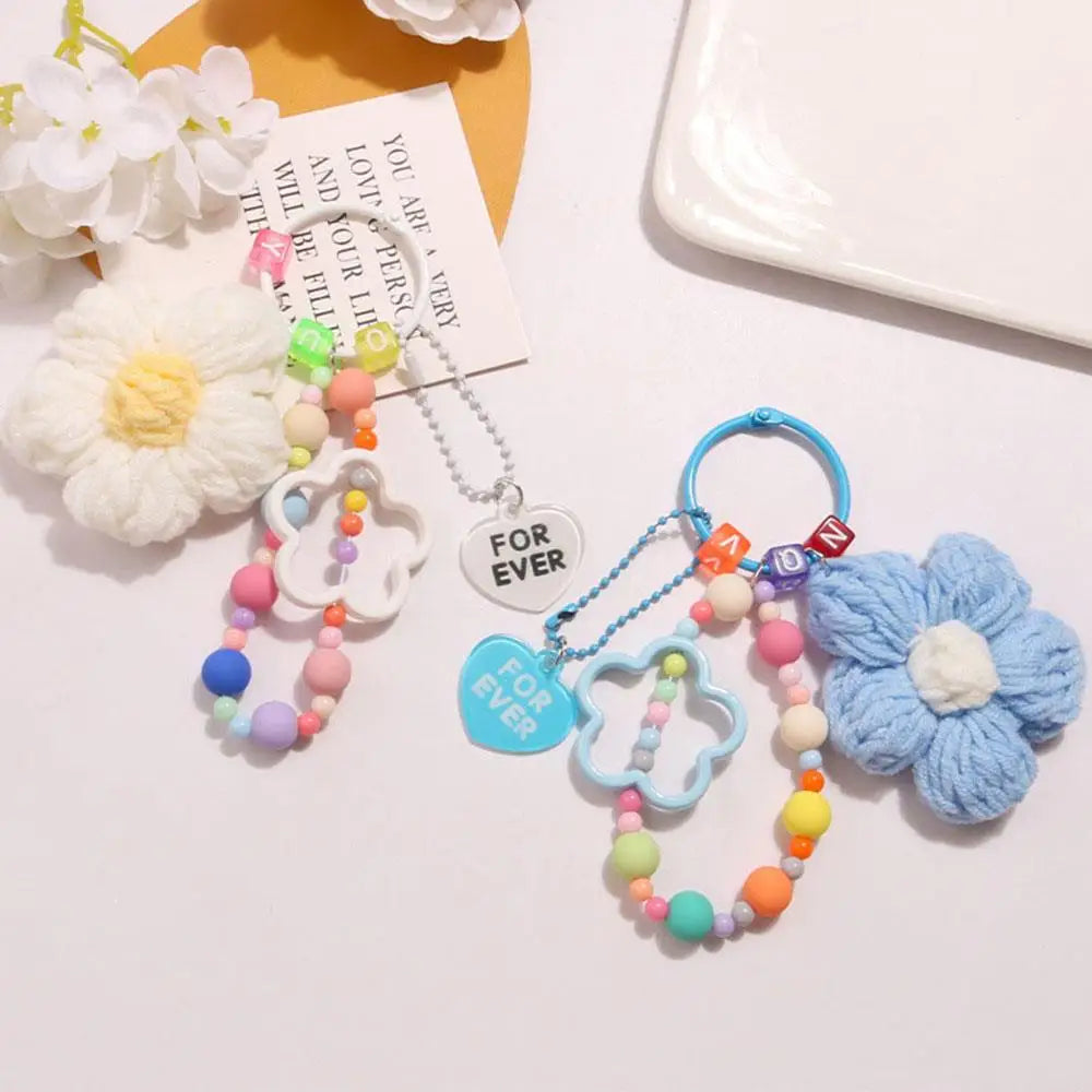 Cartoon Wool Knitted Flowers Key Chains Beaded Wristlet Lanyard Bracelet Keyring For Women Girl Bag Pendant Charms Keychain Gift