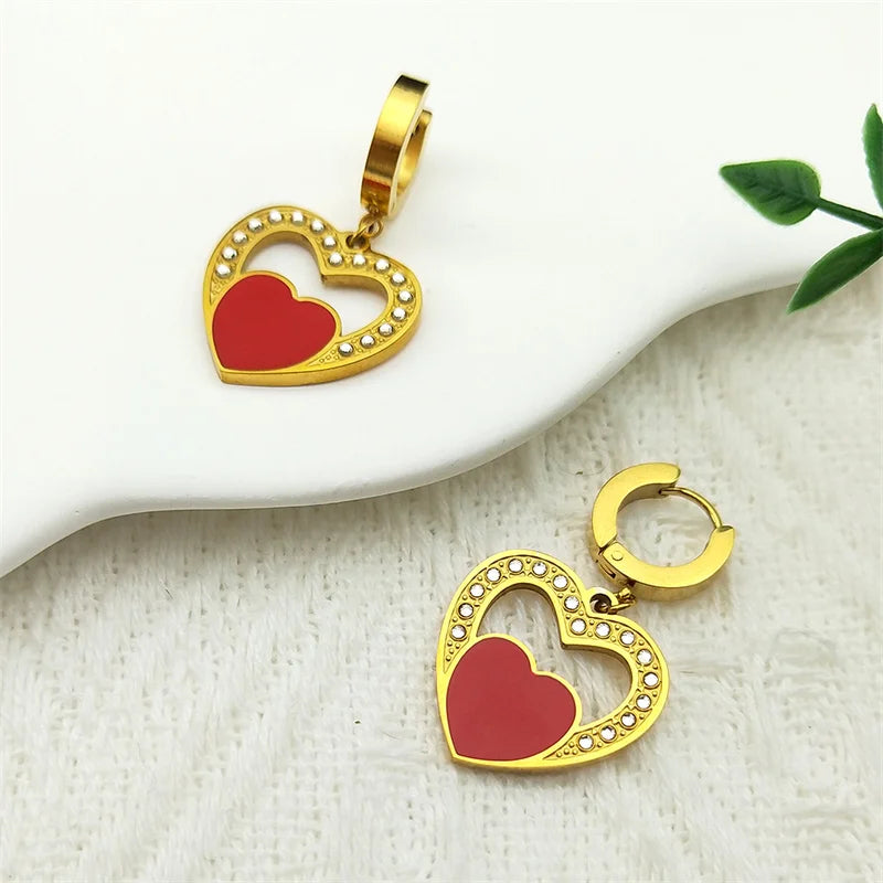 Trendy Double Love Heartbeat Heart Shape Earrings for Women Girls Enamel Stainless Steel Gold Color Gifts JewelryZZZ758-2