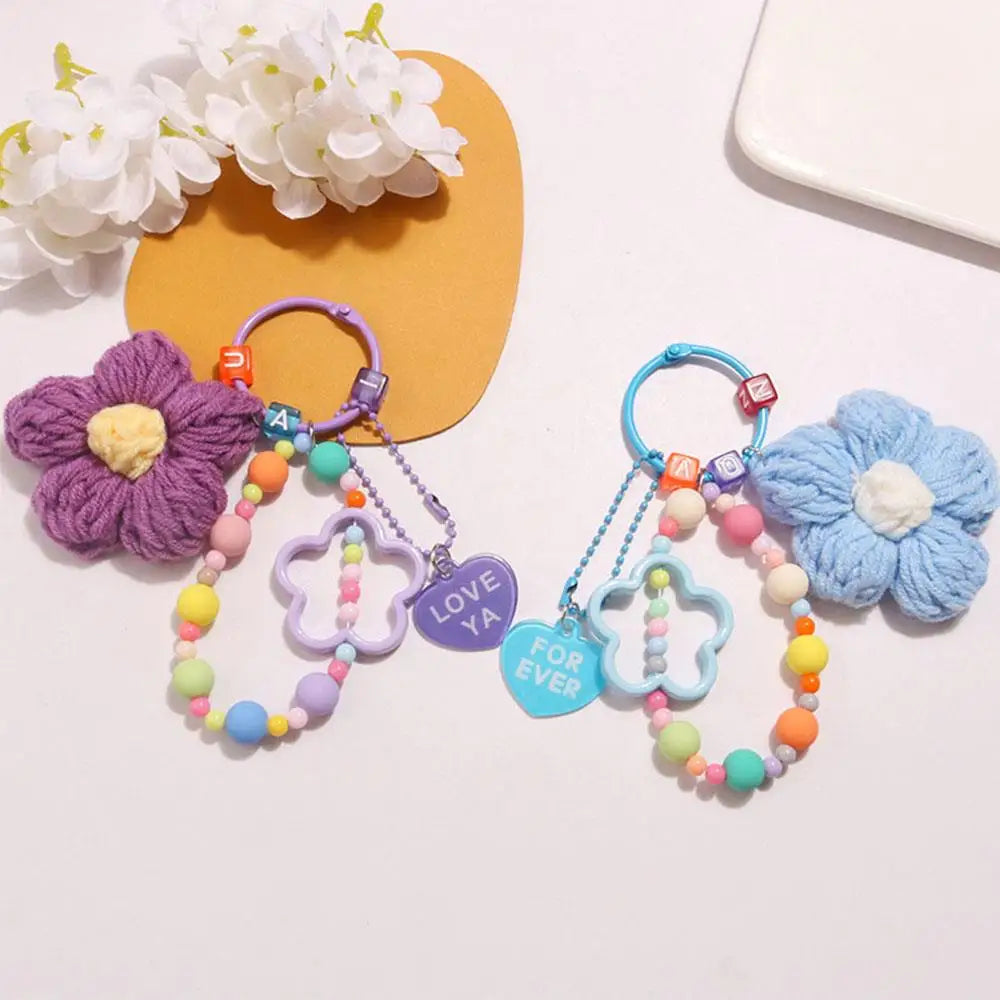 Cartoon Wool Knitted Flowers Key Chains Beaded Wristlet Lanyard Bracelet Keyring For Women Girl Bag Pendant Charms Keychain Gift