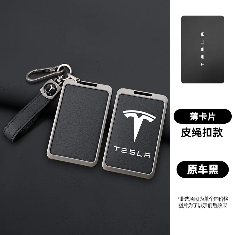 For Tesla Model 3 Y Card Case Keychain Protector Cover Holder Alloy Keychains Bag Leather Chain Prevent Loss Key Fob Metal Ring